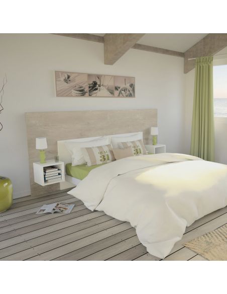 Pack Tête de lit avec 2 chevets en Bois, Coloris chêne cigare et Blanc Mat  Pack Tête de lit avec 2 chevets en Bois, Coloris chêne cigare et Blanc Mat