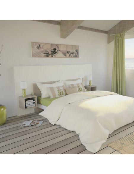 Pack Tête de lit avec 2 chevets en Bois, Coloris Blanc Mat et chêne cigare  Pack Tête de lit avec 2 chevets en Bois, Coloris Blanc Mat et chêne cigare