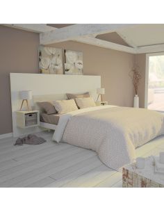 Pack Tête de lit avec 2 chevets en Bois, Coloris Blanc Mat et Bois Flotté Crème  2